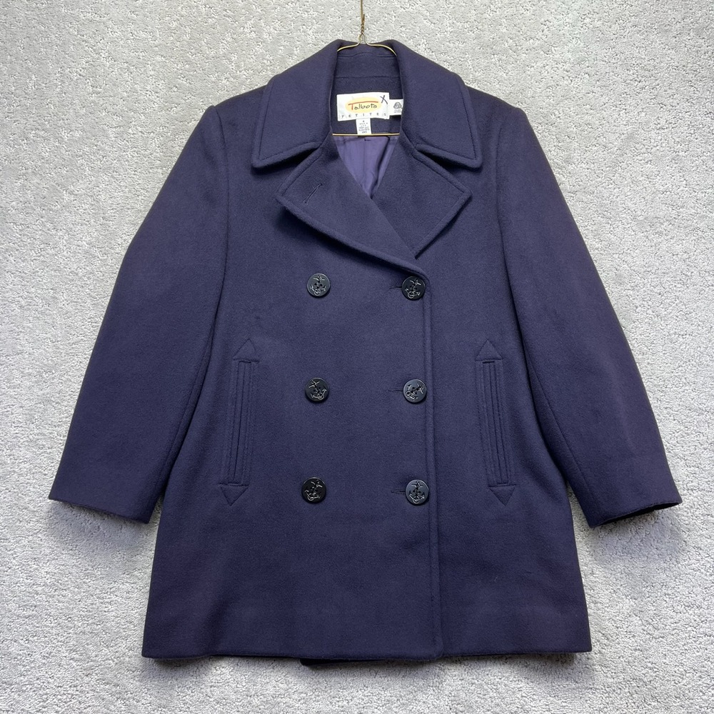VINTAGE Talbots Peacoat Womens 4P 100% Wool Double Breasted Anchor Buttons